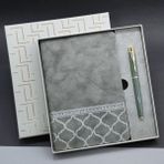 Mobgift Alt Kısmı Mozaik Desenli Kutulu Deri Defter Kalem Seti - Gri