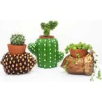 Mobgift Özel El Yapımı 3'lü Set Fındık + Kozalak + Kaktüs Tasarım Saksılar - Fıstık Yeşili