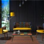 Mobilya Bazarı Etnik Desen Sarı 2 1 1 Sehpalı Çay Seti (Balkon - Salon - Ofis - Cafe)
