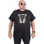 Moc Grande Mocgrande Erkek Büyük Beden Sıfır Yaka Tişört Pamuk Karışımlı Kısa Kol Casual Stil Never Give Up - Siyah - 5XL