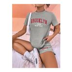 MOCHALAT CANDLES Brooklyn 1898 N.Y T-shirt Şort - Gri Şortlu Tişört Alt Üst Takım Baskılı Oversize Bisiklet Yaka