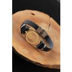 Moco Gold Renk Metal Labirent Tasarım Siyah Renk Deri Erkek Bileklik