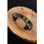 Moco Gold Renk Metal Nabız Tasarım Siyah Renk Deri Erkek Bileklik