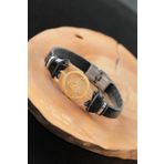 Moco Gold Renk Metal Sol Anahtarlı Tasarım Siyah Renk Deri Erkek Bileklik