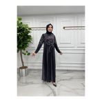 MODA 7952 Skuba Kumaş ZİNCİR DESENLİ TAŞ İŞLEMELİ Tesettür Abiye MOR SİYAH