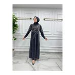 MODA 7952 Skuba Kumaş ZİNCİR DESENLİ TAŞ İŞLEMELİ Tesettür Abiye SARI SİYAH
