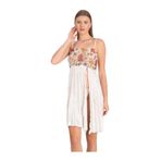Moda Amore Beyaz Tül Kadın Gecelik- Renkli Çiçek Desenli Dantel Detaylı Askılı Yırtmaçlı - 001 Ekru XS-S