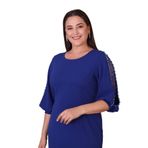 Moda Amore Büyük Beden Kadın Abiye Elbise - Kolda İnci Detaylı Yarım Kol Sıfır Yaka Arkadan Yırtmaçlı 014 Saks Mavi 4XL