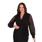Moda Amore Büyük Beden Kadın Abiye Elbise - Kolları Dantel Detaylı Ceket Yaka Kuşaklı 013 Siyah 3XL
