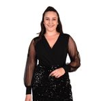 Moda Amore Büyük Beden Kadın Abiye Elbise - Pul Payet İşlemeli Etek Tül Kollar Kruvaze Yaka Yırtmaç Detay 016 Siyah 2XL