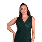 Moda Amore Büyük Beden Kadın Abiye Elbise - Pul Payetli Kruvaze Yaka Önden Yırtmaçlı Kolsuz Sandy Maxi Boy 015 Zümrüt 2XL