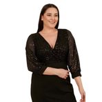 Moda Amore Büyük Beden Kadın Abiye Elbise - Üst Pul Payet İşlemeli Altı Düz Önden Yırtmaçlı 011 Siyah 4XL