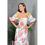 MODA AMORE Çiçek Desenli Balon Kollu Kare Yaka Rahat Kesim Keten Kumaş Kadın Elbise 009, Ekru, L