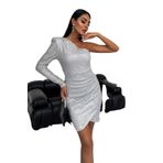 Moda Amore Kadın Abiye Elbise - Pul Payet Tasarım Tek Omuz Tek Kol Modern Tasarım Mini Boy 007 Gümüş S