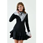 Moda Amore Kadın Scuba Dalgıç Kumaş Ithal Dantel Ve Bronş Detaylı Mini Elbise 008 Siyah M