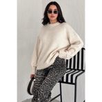 MODA AMORE Kadın Triko Bisiklet Yaka Oversize Triko Kazak 110, Ekru, Standart