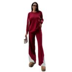 MODA AMORE Kol ve Paçada Şerit Tasarım Oversize Beden Kazak Pantalon İkili Triko Takım 034, Bordo, Standart