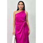 MODA AMORE Omuzdan Askılı Parlak Saten Kumaş Kuşak Detaylı Midi Kadın Abiye Gece Şık Kadın Elbise STP-003, Fuşya, XL