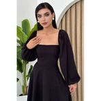 MODA AMORE Prenses Kesim Balon Kol Kare Yaka Midi Boy Kadın Elbise 011, Siyah, M