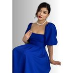 MODA AMORE Saks Mavisi Balon Kol Midi Boy Ernest Kadın Elbise Düğün Abiye Mezuniyet Elbise 004, Saks Mavi, M