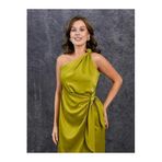 MODA AMORE Saten Dokuma Omuzdan Düğüm ve Kuşak Detaylı A-Line Kalıp Abiye Elbise 003, Gold, 42