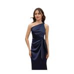 Moda Amore Saten Dokuma Omuzdan Düğüm ve Kuşak Detaylı A-Line Kalıp Abiye Elbise 03 Lacivert 36
