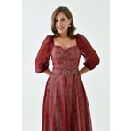 Moda Amore Tül Kadın Abiye Elbise - Straplez Yaka Balon Kol Kemer Detaylı Tül Tasarım 133 Bordo 2XL