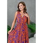 MODA AMORE Turuncu Mavi Zebra Desenli Kruvaze Yaka Bel Lastikli Yırtmaçlı Şık Kadın Elbise DKS-001, Turuncu Mavi, M