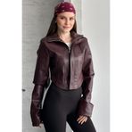 moda armanc Kadın Crop Deri Ceket - Bordo Yeni Sezon Korse Detaylı