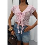 moda armanc Kadın Dantel Crop Bluz V Yaka Fırfırlı Bağcıklı Transparan Yazlık Şık Bluz