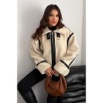 Moda Armanc Kadın Deri Detaylı Oversize Peluş Mont - Premium Tasarım Biker Teddy Kaban Ceket - Bej