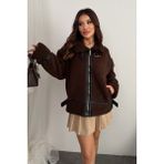 Moda Armanc Kadın Deri Detaylı Oversize Peluş Mont - Premium Tasarım Biker Teddy Kaban Ceket - Kahverengi
