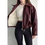 Moda Armanc Kadın Içi Kürklü Suni Deri Ceket - Oversize Içi Peluş Astarlı Premium Biker Mont - Bordo