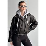 moda armanc Kadın Kapüşonlu Kahverengi Deri Ceket Oversize Crop Hoodie Detaylı Kol Kemerli