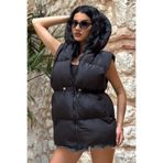 moda armanc Kadın Kapüşonlu Şişme Yelek Siyah – Oversize Su itici Bel Büzgülü Spor Yelek