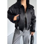 moda armanc Kadın Kürk Astarlı Siyah Suni Deri Mont - Kışlık Oversize İçi Peluş Biker Ceket