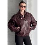 moda armanc Kadın Oversize Bordo Deri Bomber Ceket - Yeni Sezon Premium Biker Deri Mont