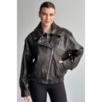 Moda Armanc Kadın Oversize Deri Bomber Ceket - Yeni Sezon Premium Biker Deri Mont - L - Kahverengi
