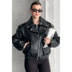 Moda Armanc Kadın Oversize Deri Bomber Ceket - Yeni Sezon Premium Biker Deri Mont - L - Siyah