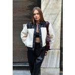 moda armanc Kadın Siyah Deri Detaylı Peluş Bomber Ceket - Oversize