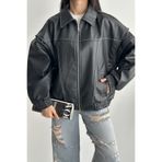 moda armanc Kadın Vintage Oversize Siyah Deri Ceket - Bomber Kontrast Detaylı Biker Mont