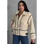 Moda Armanc Suni Deri Detaylı Peluş Kadın Ceket - Bej - XL