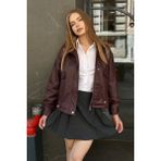 Moda Armanc Suni Deri Oversize Bomber Ceket Kadın Bordo Renkli Çift Cepli Casual Stil