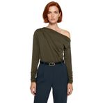Moda Asimetrik Yaka Örme Regular Düz Desen Resmi Regular Uzun Kol Bluz_Haki-L