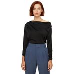 Moda Asimetrik Yaka Örme Regular Düz Desen Resmi Regular Uzun Kol Bluz_Siyah-XS