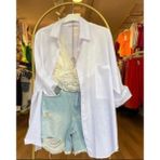 Moda Benna Kadın Düşük Omuz Oversize Keten Gömlek Düz Desenli Yazlık Truvakar Kol - 001-Beyaz - Standart