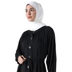 Moda Berel - Yarım Patlı Düğmeli Beli Kemerli Oversize Salaş Elbise (Siyah, Standart)