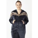 Moda Berray 1927 Leopar Detaylı Lacivert Tam Kalıp Tarz Kapüşonlu Kadife Büyük Beden Kadın Eşofman Takımı