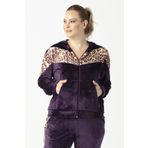 Moda Berray 1927 Leopar Detaylı Mürdüm Tam Kalıp Tarz Kapüşonlu Kadife Büyük Beden Kadın Eşofman Takımı
