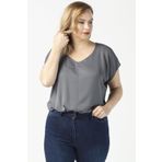 Moda Berray 3203 Gri Saten V Yaka Kısa Kollu Büyük Beden Şık Kadın Bluz